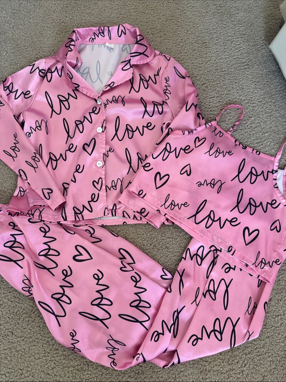 Pink "Love" Print Satin Pajama Set